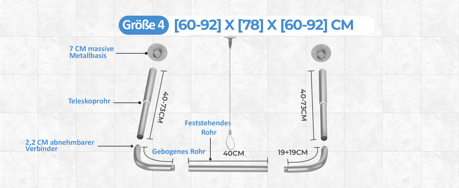 Регульована душова штанга U-подібної/L-подібної форми, 60-92 x 78-196 x 60-92 см, з 12 кільцями для шторки та підпоркою для стелі, для ванни/ванної кімнати, срібна