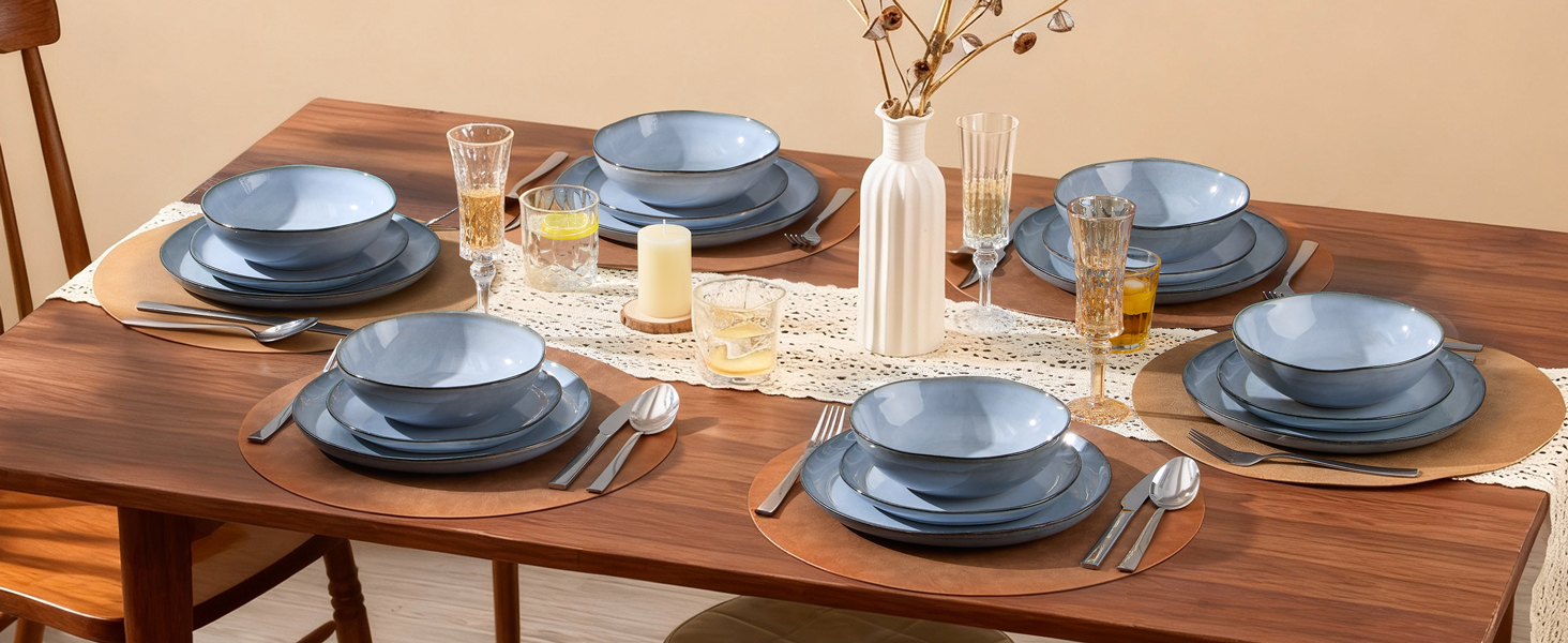 Сервіз Joyfair на 6 осіб, 18 предметів, керамічний, з тарілками для їжі, десерту та каші, безпечний для мікрохвильовки та посудомийної машини, колір: реактивний синій