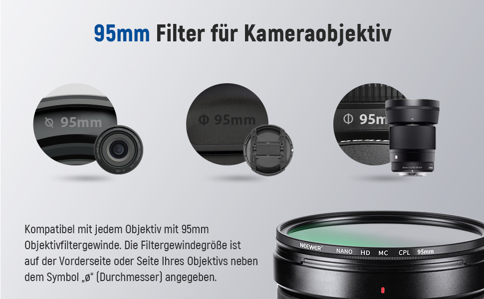 NEEWER Поляризаційний фільтр CPL 95mm для об'єктивів камери: зменшує відблиски, покращує контраст, з багатошаровим покриттям HD Glass