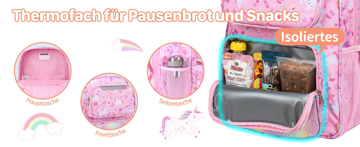 Дитячий рюкзак Bagseri Kinderrucksack для дівчаток 15L, легкий рюкзак для школи та 1-2 класу, з нагрудним ременем та ізотермічним відділенням, сумісний з DIN A4, з світловідбиваючими елементами, Deep Purple Einhorn