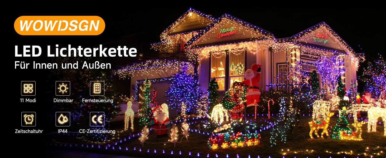 WOWDSGN Льохотна гірлянда для зовнішнього використання 20м, 2-в-1 LED гірлянда (Тепле біле & Класичне кольорове), сертифікований штекер GS, 11 режимів, пульт дистанційного керування та таймер, IP44 вологостійка різдвяна прикраса для саду, балкону, тепле біле/кольорове світло (зміна кольору) 20м 200LED