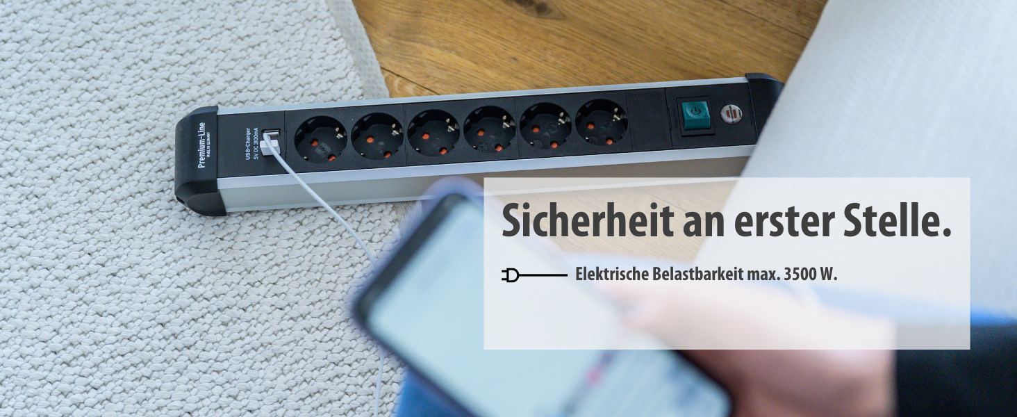Мережевий фільтр Brennenstuhl Premium-Alu-Line на 6 розеток з USB (3.1A), 3м, алюмінієвий корпус, з вимикачем, Made in Germany
