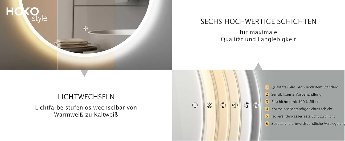 Круглий настінний дзеркало HOKO 60см з LED підсвічуванням, сенсорне управління, пам'ять, регулювання світла 2700-6500K (тепле/холодне/нейтральне), 60x60 см, срібло