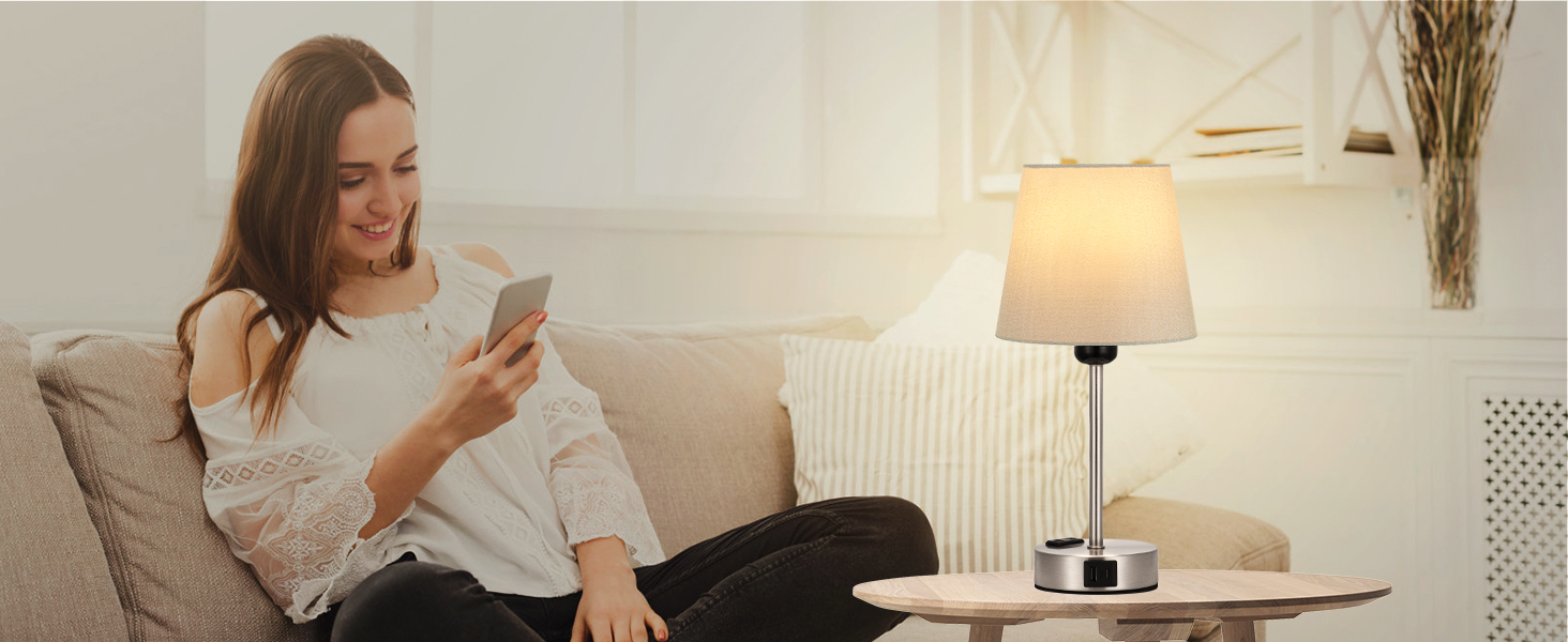 Настільна лампа Kakanuo з торшетом, 2 шт., з USB-портами та диммуванням, для спальні, вітальні, дитячої кімнати, офісу, тканинний абажур, колір: сірий-сріблястий