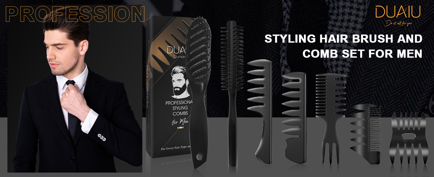 Набір для чоловічого стайлінгу Kamm, DUAIU: 7 предметів, круглі щітки, текстурувальні гребені для укладки та розчісування