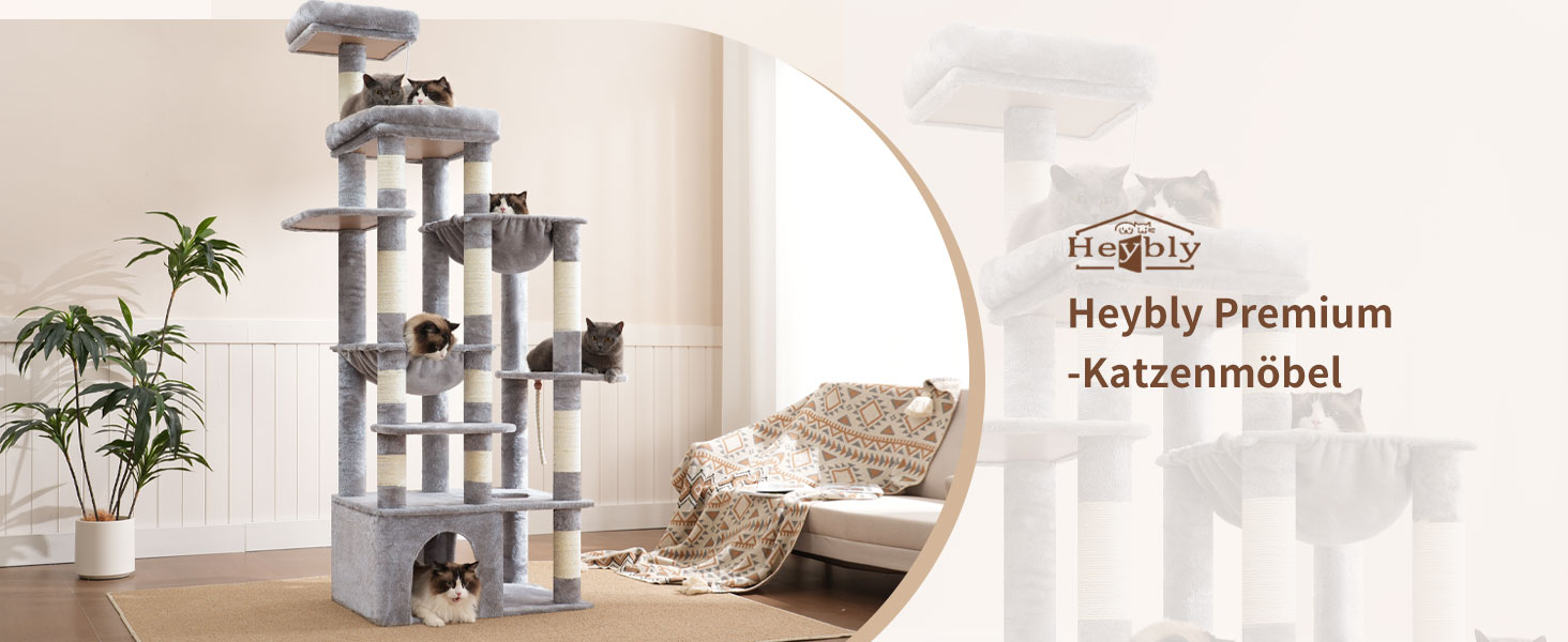 Драбина для котів Heybly, 180 см, велика з надміцною основою, XL-платформа, великий будиночок для котів, 2 гамаки, багатоярусні котячі меблі для Мейн-кунів та інших великих котів, сірий колір HCT037W