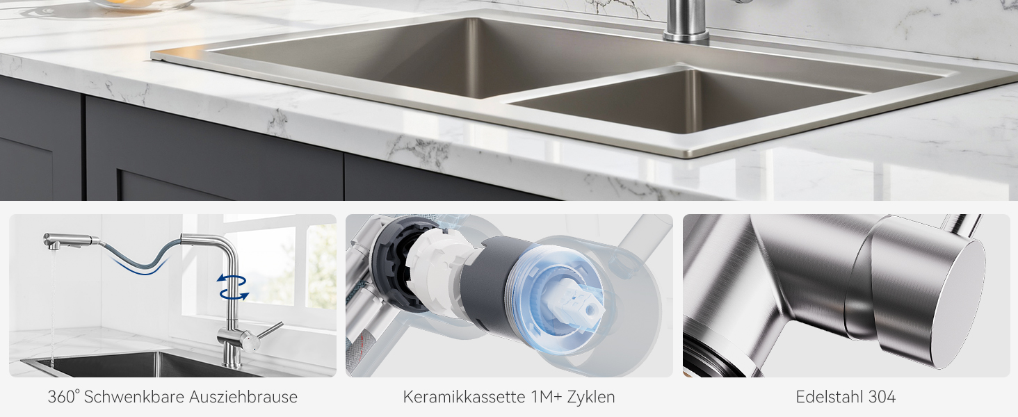 Змішувач кухонний CECIPA Hochdruck, висувний, з дозатором води, чорний, нержавіюча сталь, 360° поворот, ×207B (L-подібний, для високого тиску)