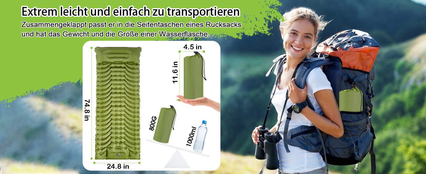 MEIJO Килимок для кемпінгу самонадувний, ізомат, туристичний килимок для сну, легкий, з насосом, для відпочинку на природі, у наметі, на пляжі, блакитний & сірий (зелений & сірий)