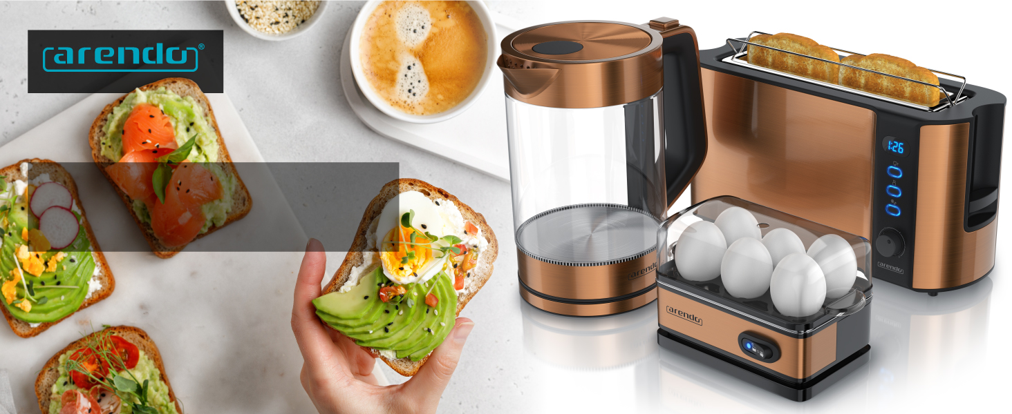 Набір чайник з тостером Rendo з нержавіючої сталі та міді: чайник 1.7л, 2200W з функцією підігріву, тостер 2-х слайсовий 1000W з підігрівом булочок та 6 рівнями підсмажування