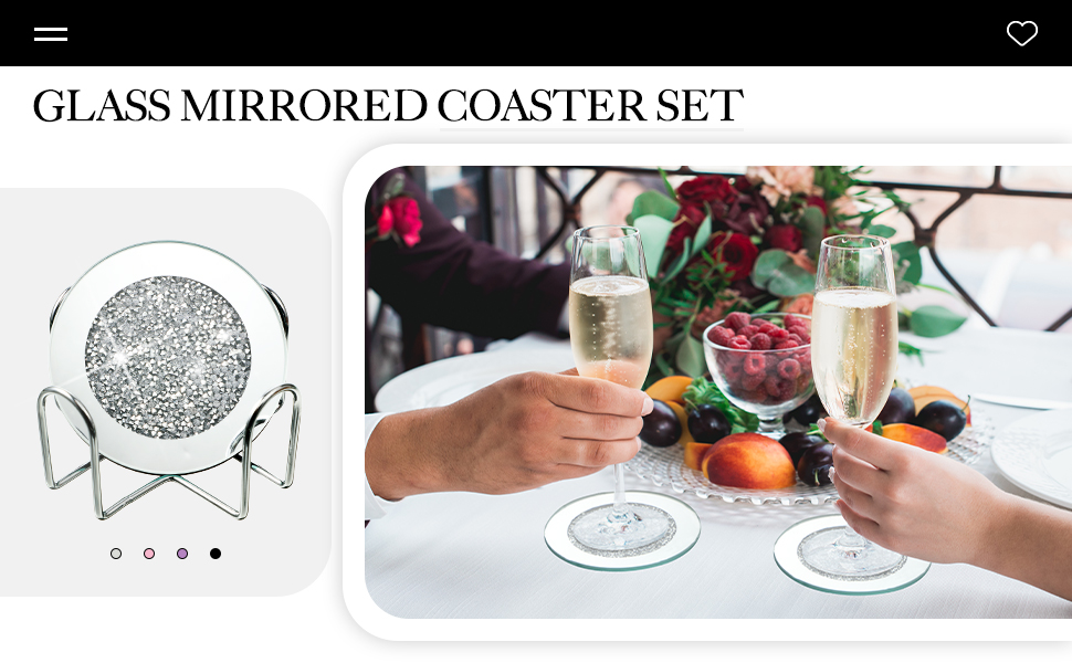 7-Piece Glass Coaster Set, 6 Crystal Coasters with Holder for Drinks, Silver, Glitter, Table, Bar Accessories (round)