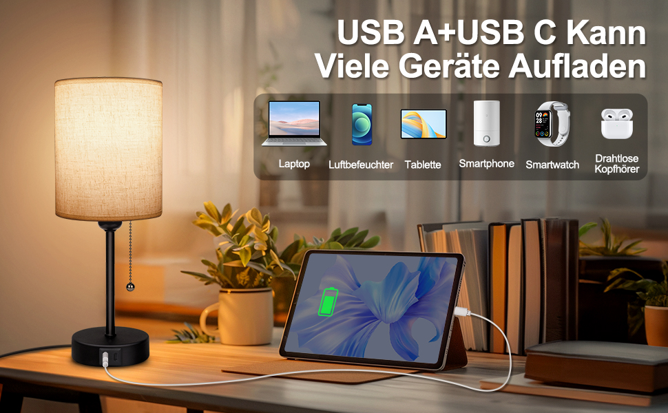 Настільна лампа 2 шт. з USB зарядкою (A+C), LED, тканинний абажур, регулювання кольору, для спальні, вітальні, дитячої, офісу