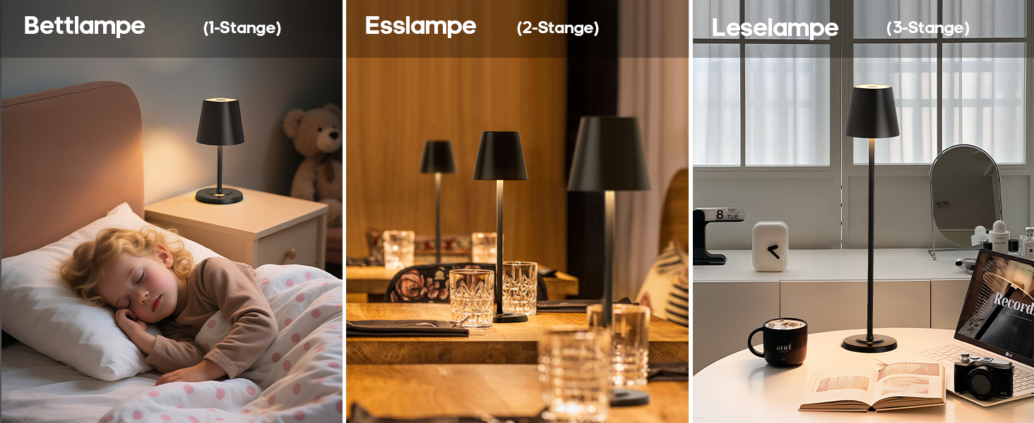 Світлодіодна настільна лампа 3-в-1 бездротова з акумулятором 5500mAh, регульована висота, димування, 3 кольори світла - USB акумуляторна настільна лампа металева водонепроникна сенсорна для дому та вулиці, чорна (набір 2 шт.)