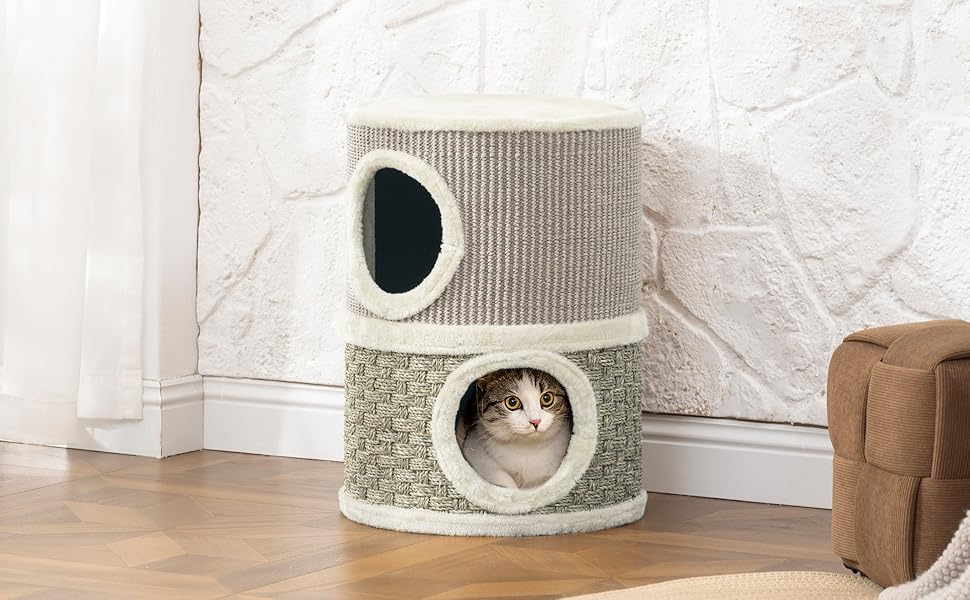 Кігтеточка для котів PawHut 79 см, 3 яруси, з сизалевого мотузка, плюшева, для великих котів, бежево-коричнева (35,5 x 35,5 x 49 см)