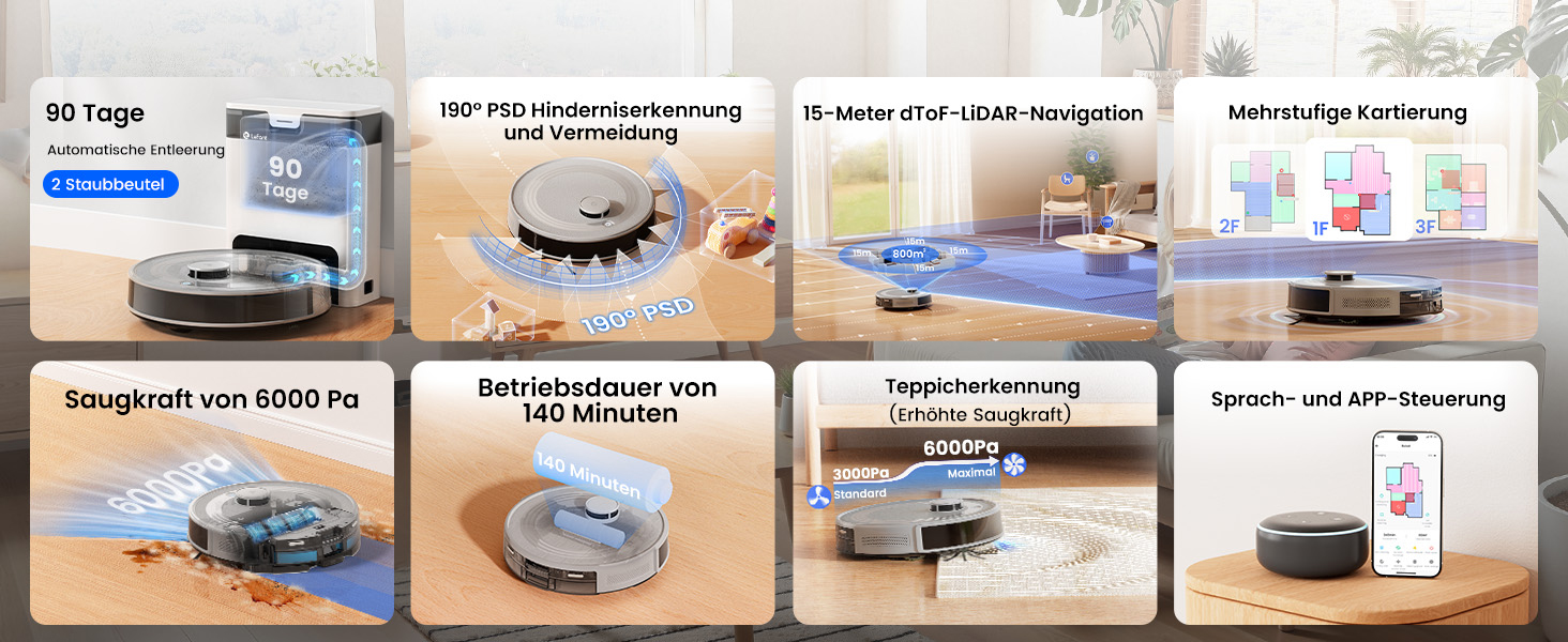 Робот-пилосос LEFANT M2 Pro з автоматичною системою викачування пилу, лазерною навігацією та картографією, індивідуальним налаштуванням, уникненням перешкод, ідеальний для видалення шерсті тварин. Білий/Сірий