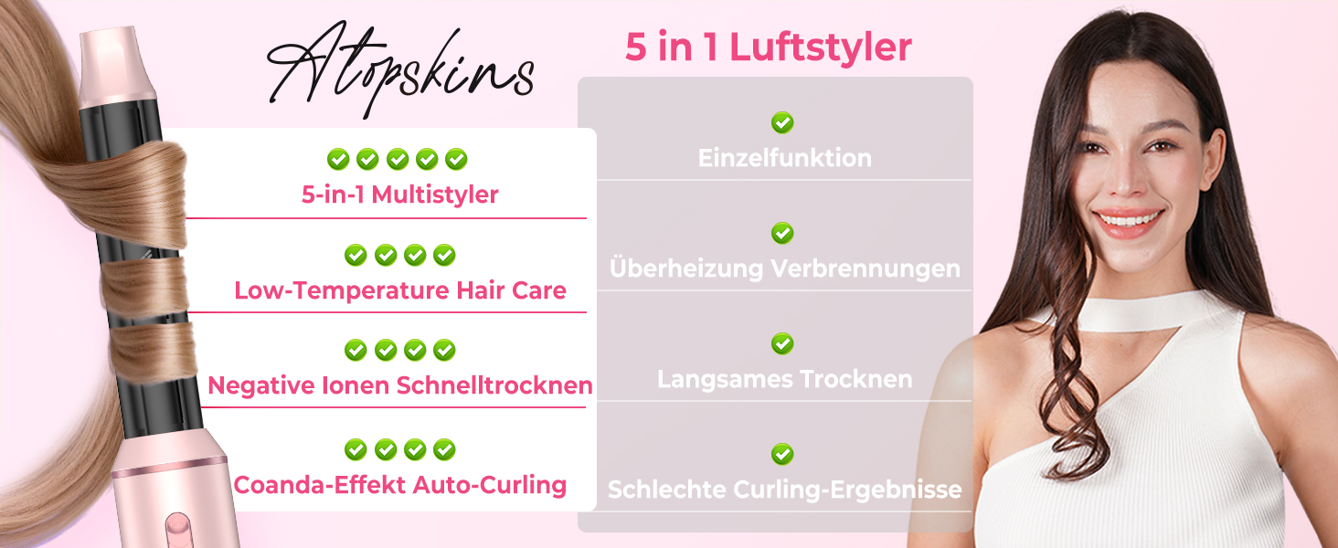 Мультистайлер для волосся 5 в 1 Atopskins Air Styler 1000W: фен-щітка, вирівнювач та плойка для сушіння, завивки та гладкого волосся, колір Creamrosa