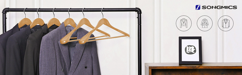 Набір вішалок для одягу SONGMICS, 6 шт., з масиву дерева, широкі плечі, антиковзні, для сорочок, пальто, курток, штанів, костюмів, поворотний гачок 360°, колір: дерево
