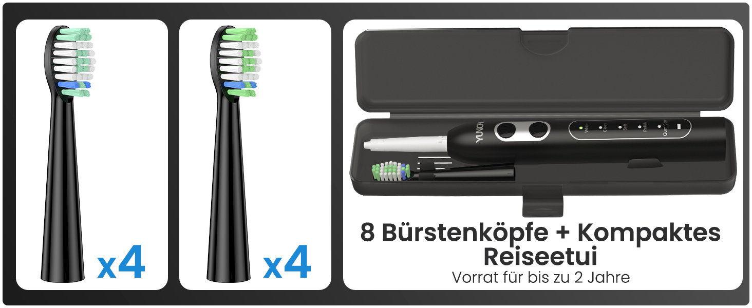 Електрична зубна щітка YUNCHI C2 з 40000 VPM, звукова щітка для дорослих, зарядка USB-C, 55 днів роботи від акумулятора, 5 режимів чищення, таймер 2 хвилини, 8 насадок, дорожній футляр, чорна YUNCHI C2