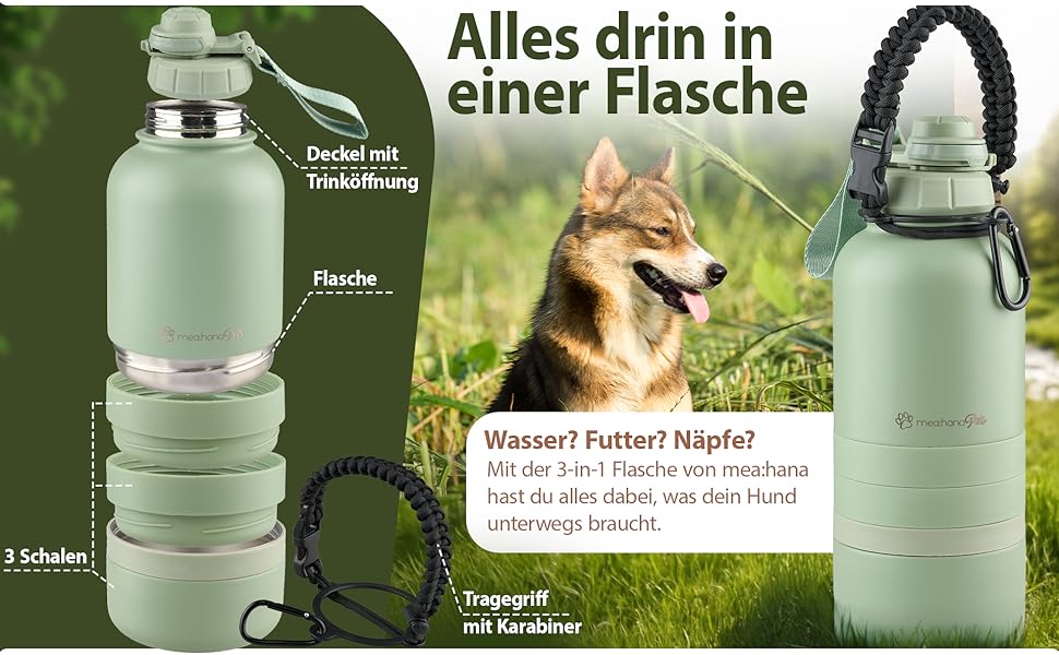Hana Pets: Фляга для води для собак 1л з мисками - Ідеальна для подорожей та активного відпочинку. Ізольована фляга з нержавіючої сталі з мисками, зручний ручний тримач.