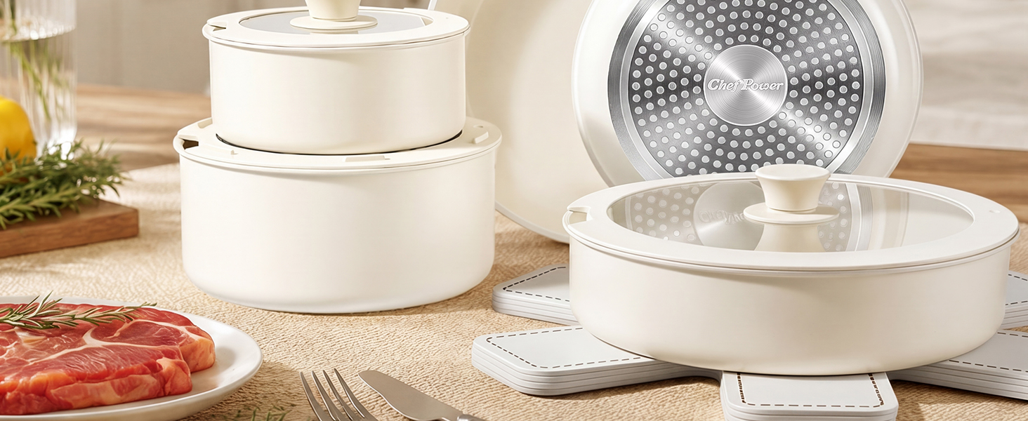 Набір посуду Chef Power 19 предметів: каструлі та сковорідки з titan-керамічним антипригарним покриттям та знімними ручками, білий (для всіх типів плит, підходить для духовки)