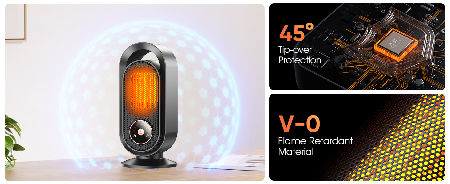 Електричний обігрівач, портативний обігрівач для кімнати, енергозберігаючий 1500W, керамічний з термостатом, таймером та 3 режимами, захист від перегріву та перекидання для офісу та спальні