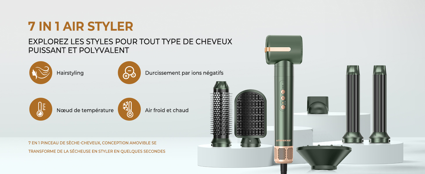 Airstyler Pro 7-в-1: Фен-щітка, плойка, випрямляч, стайлер для волосся Atopskins, 11000 обертів, з насадкою-дифузором, для створення об'єму, локонів та випрямлення, зелено-золотий