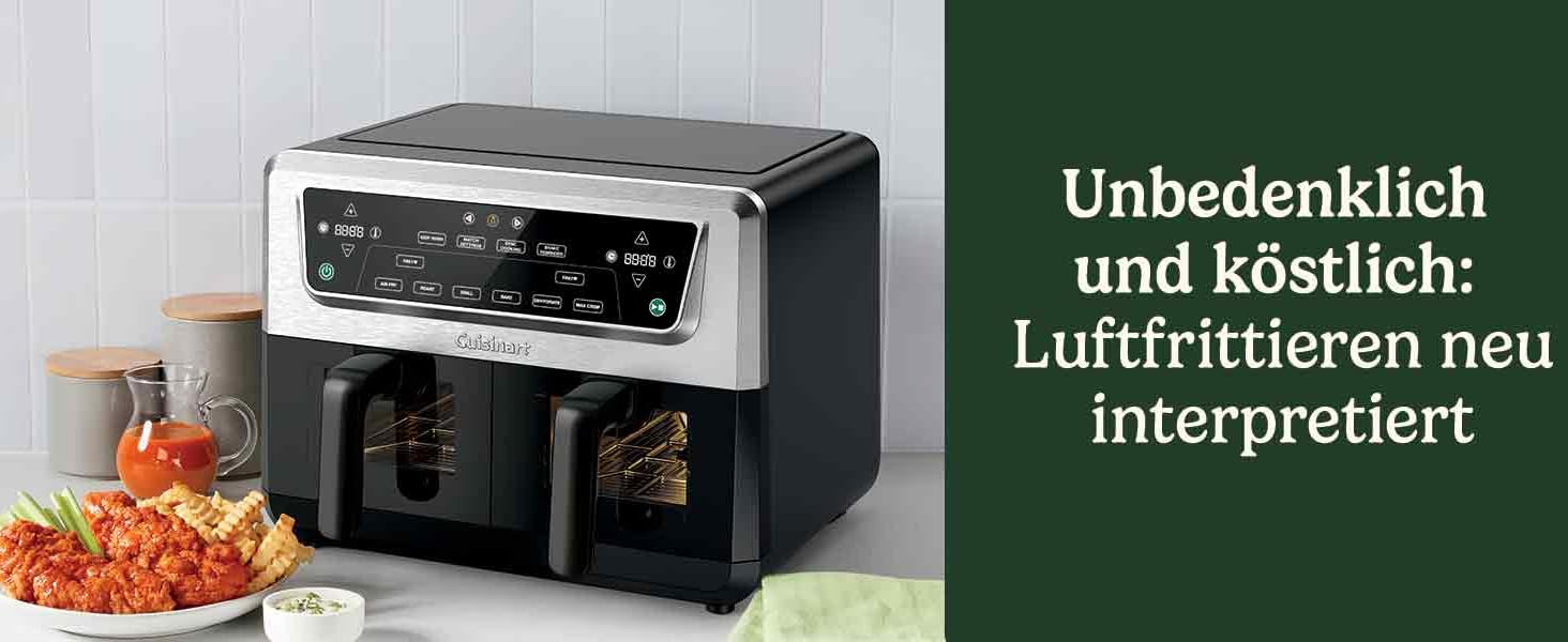 Фритюрниця Cuisinart XXL 10.4L з двома зонами нагріву | Без PFAS та хімікатів | Для смаження, грилю, випікання, дегідратації та підтримання тепла | 2 камери (2 x 5.2L) | 8+ порцій | Деталі придатні для миття в посудомийній машині (2 камери / 10.4L, нержавіюча сталь)