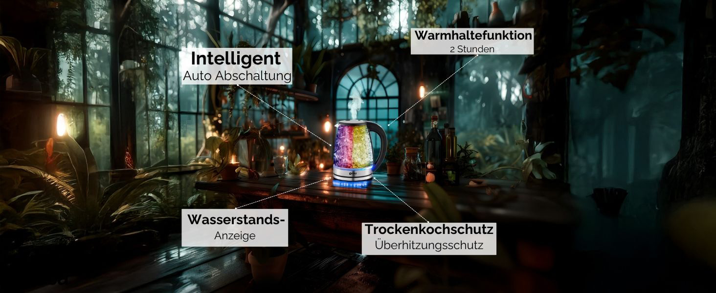 Електричний чайник Ecosa® зі скляною колбою та нержавіючою сталлю, 1,8 л, 2200 Вт, регулювання температури 40°C-100°C, з підігрівом, LED-підсвічуванням, BPA Free