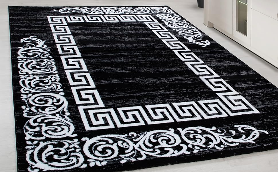 Килим для вітальні HomebyHome 120x170 см чорно-білий з грецьким орнаментом - килим для спальні, короткий ворс, м'який, легко миється