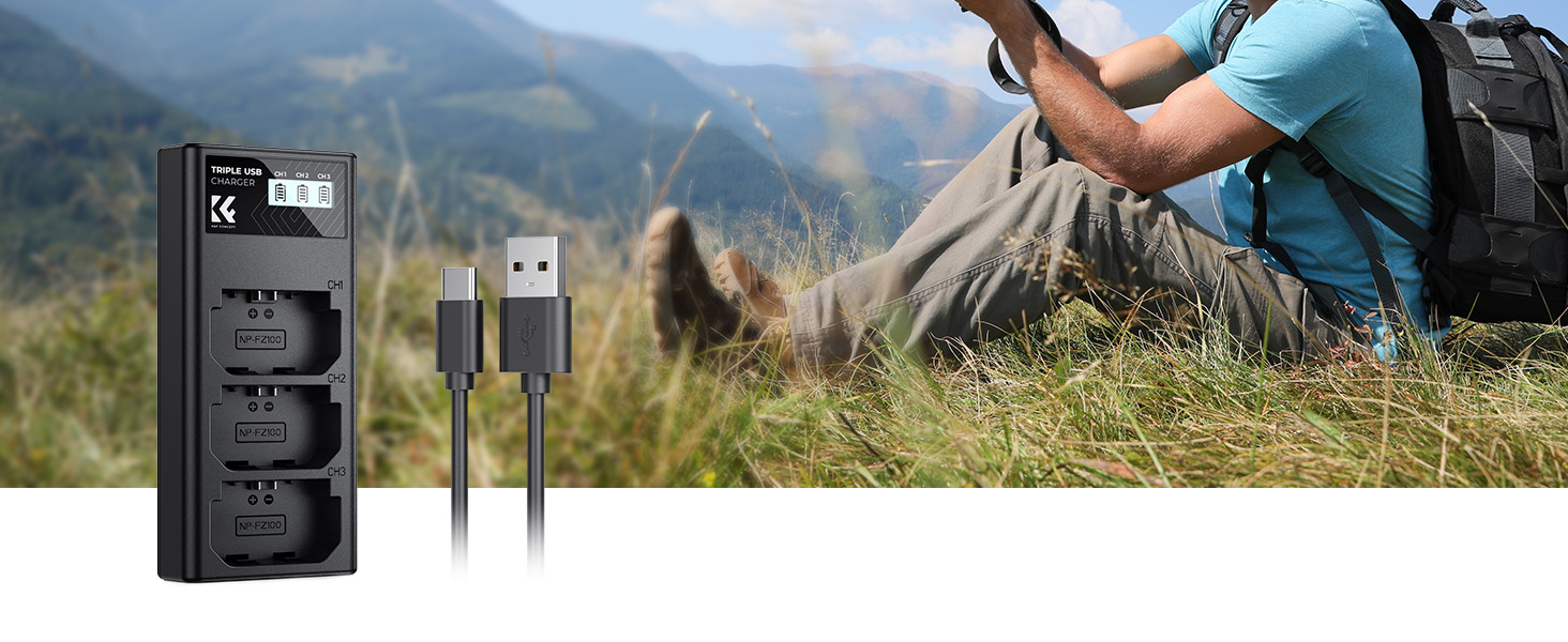 Зарядний пристрій K&F CONCEPT NP-FZ100 для камер Sony: A7iii, A7iv, A7Rv, A6700, A6600, A9, A1, FX3, FX30, ZV-E1 з LCD дисплеєм (3 слоти)
