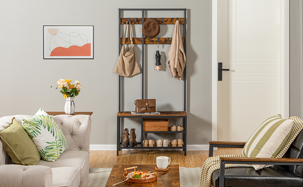 HOOBRO Coat Rack, Wardrobe, Clothes Rack with 6 Pockets and 9 Hooks, Shoe Shelf with Seating, Bench, Ample Storage Space, for Entryway, Living Room, Vintage Brown-Black EBF24MT01