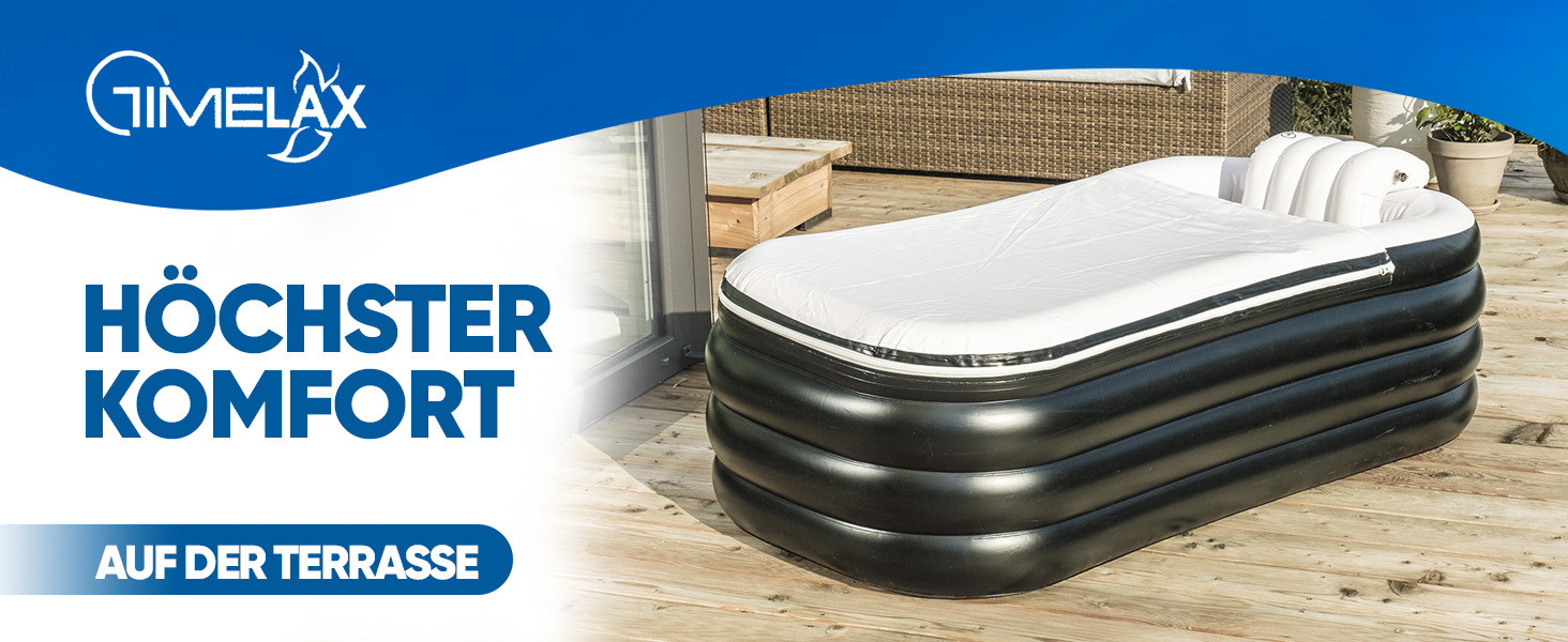 Надувна ванна TIMELAX® XL з ергономічною спинкою | 0,5 мм PVC, без BPA | Мовна, розкладна, для дорослих, чорна