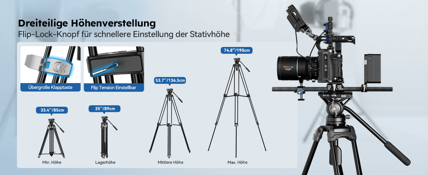 Штатив відео SIRUI з пливним кріпленням 190 см, професійний, для камер, відеокамер, DSLR, алюміній, вантажопідйомність 10 кг (AVT-02)