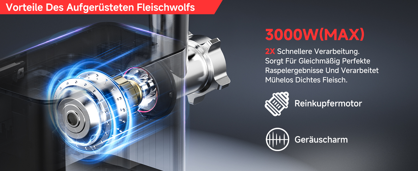 М'ясорубка електрична AAOBOSI 3000W з LED-дисплеєм, 3 швидкості, анти-затор, контейнер для зберігання, для ковбас та кібе, срібляста