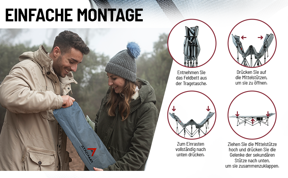 Ліжко похідне Atacama складане, ультралегке для кемпінгу та риболовлі, комфортне, портативне, розмір XXL 190x68x38 см