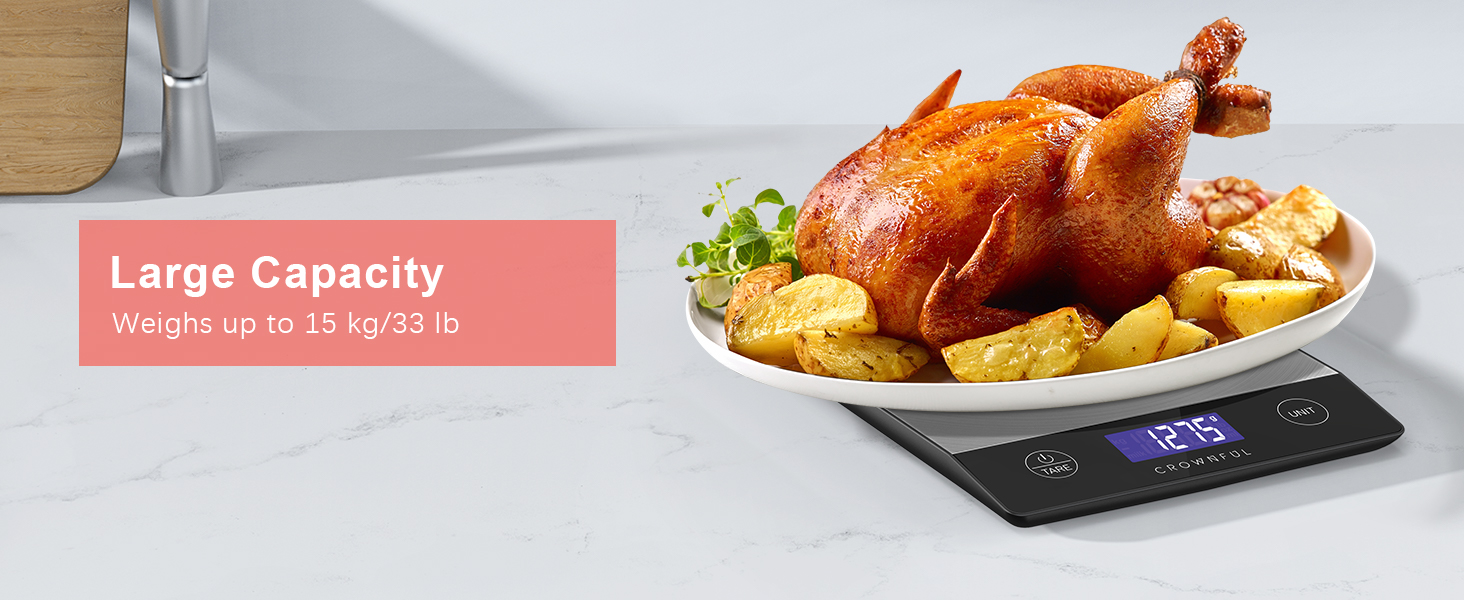 Кухонні ваги CROWNFUL з підзарядкою, до 15 кг, цифровий дисплей LCD, нержавіюча сталь 304, для приготування їжі та випічки