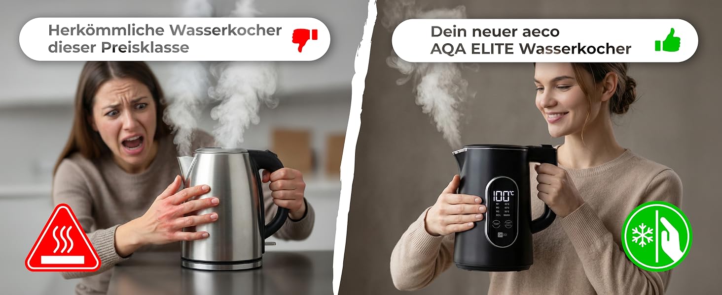 Електричний чайник Aeco AQA NEO з нержавіючої сталі, 1.7 л, 2150 Вт, без BPA, фільтр від накипу, бездротовий, CoolTouch, шампань срібло (Aqa Elite (чорний матовий))