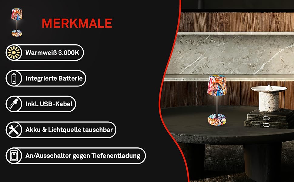 LED настільна лампа BRILONER бездротова, диммируемая, з торшером, для дому та кемпінгу, USB-C, тепле світло, Ø105x260 мм, з мотивом Graffiti