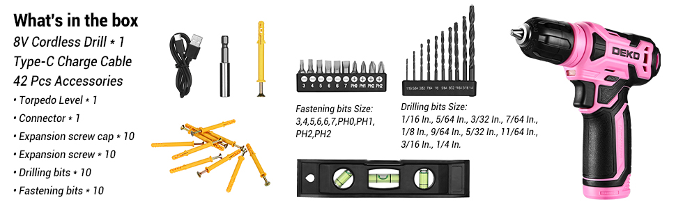 Акумуляторний шуруповерт-дрель DEKOPRO 8V 42шт з аксесуарами: ударний, LED, для дому, рожевий