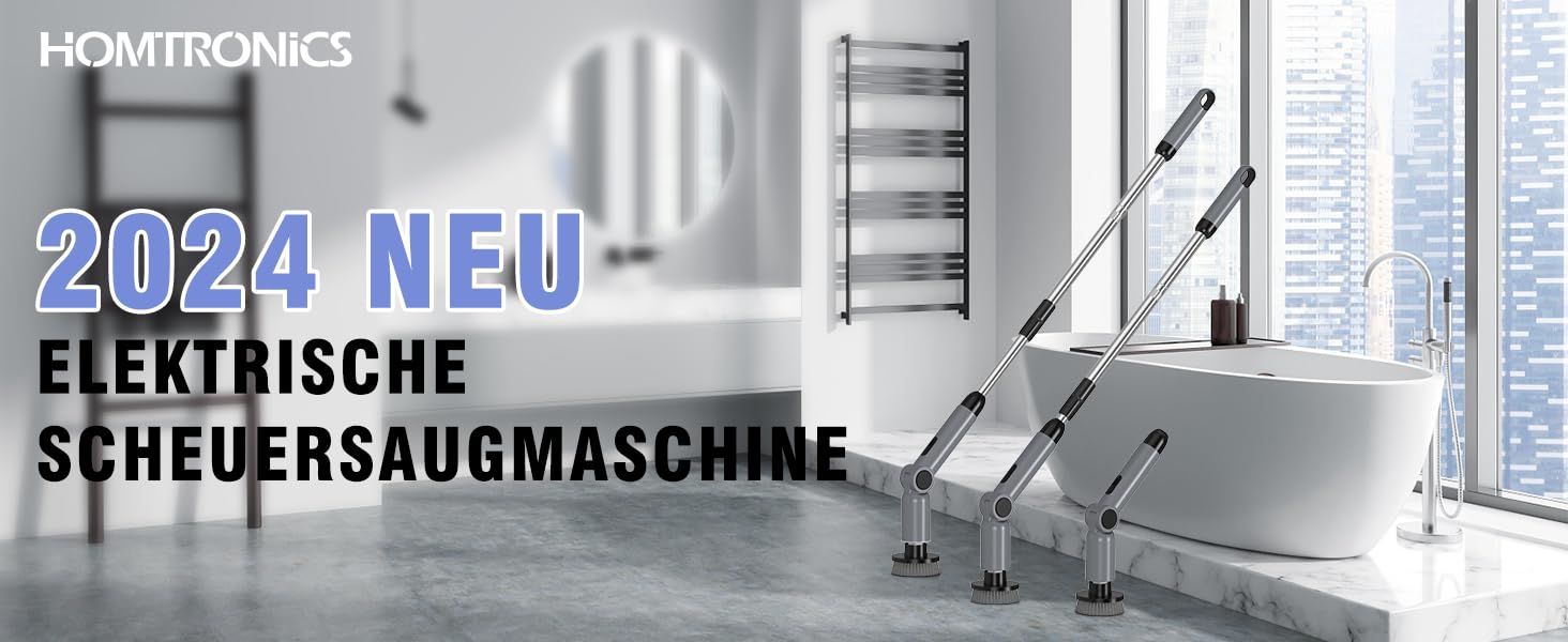 Електрична щітка для прибирання Homtronics, складана, з довгою ручкою, 8 насадок, бездротова, для ванної, кухні, авто, сіра