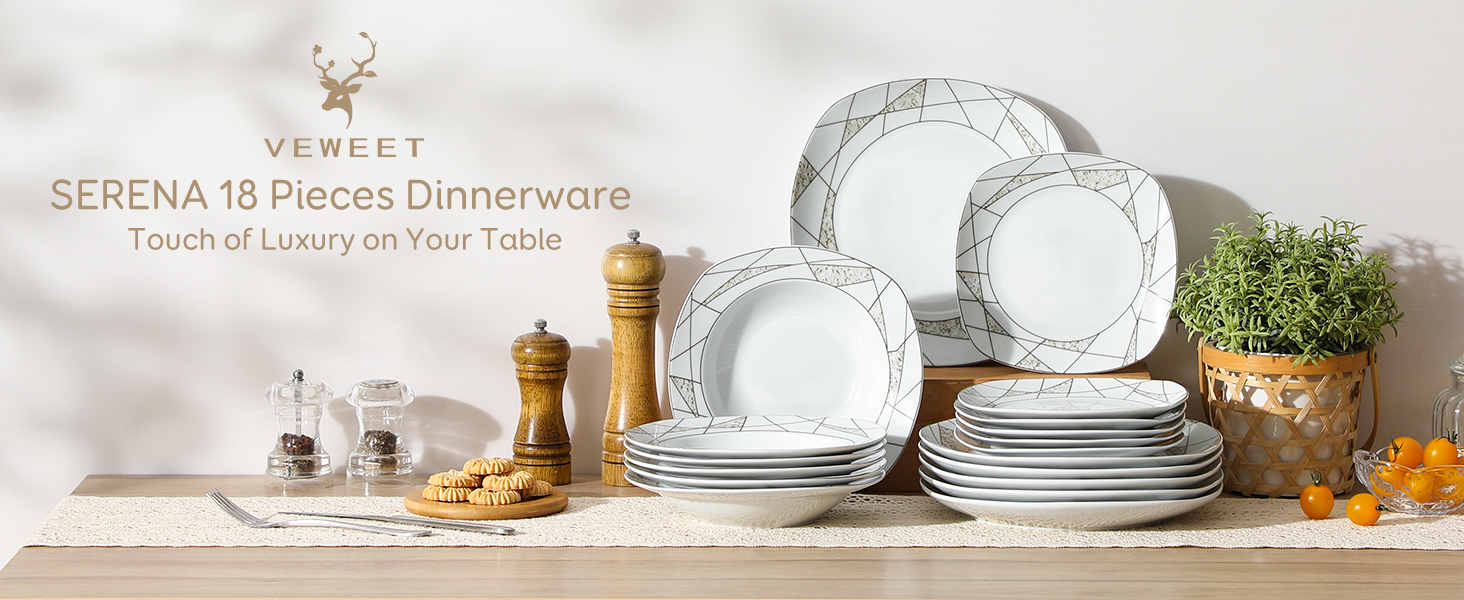 VEWEET Сервіз столовий 'Serena' з порцеляни, 24 частини | Комплект включає миски для каші, десертні тарілки, тарілки для їжі та супові тарілки | Сервіз для 6 осіб/ресторану/сім'ї (Білий, 18-частинний сервіз)