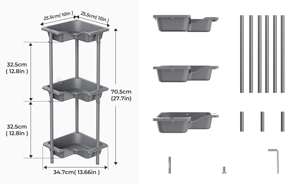 Поличка для душу OriwarE без свердління, кутова, 3 яруси, з гачками, з нержавіючої сталі, сіра