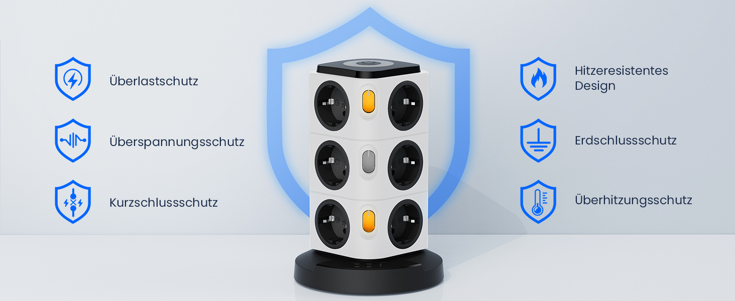 Багаторозетка Acodot Tower з USB, 12 розеток, захист від перенапруги, 4 вимикачі, нічник, 3 USB порти, кабель 3м, 2500W, для офісу, білий