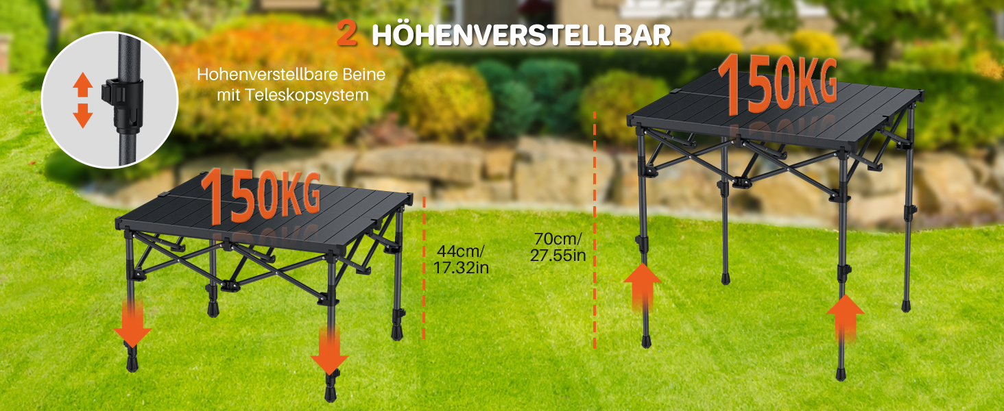FUNYKICH Складаний столик для кемпінгу 82 x 40 см з регулюванням висоти (44/70 см), легкий та портативний, з сітчастою кишенею, алюмінієва розкладна стільниця для барбекю, кемпінгу, пікніка, саду