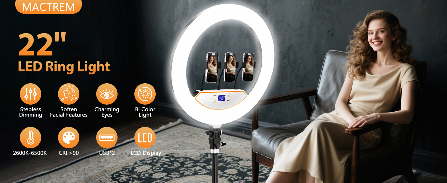 Кільцеве світло 22 дюйма з штативом 175 см, LED дисплей, 2 USB порти, регульована яскравість, для фото та відео, TikTok, макіяж, тату, б'юті-блогер, стиліст, барбер, фотограф, чорний