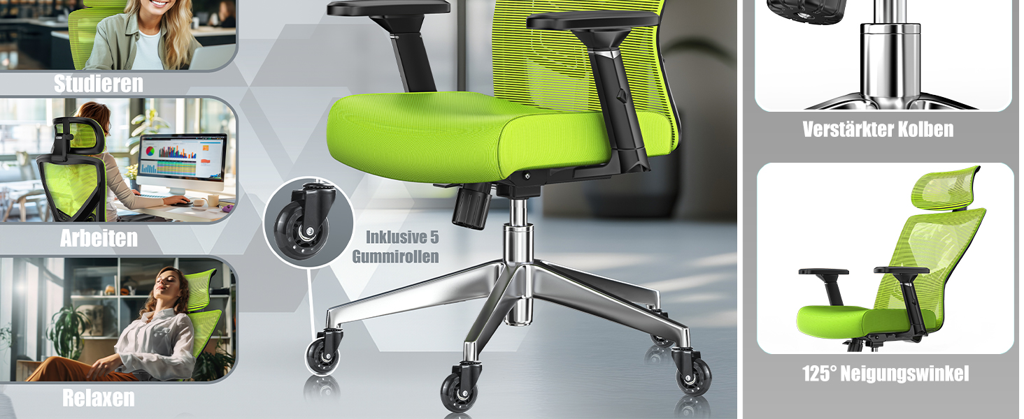 Крісло офісне KESSER® ергономічне з регульованими підлокітниками, підтримкою попереку та підголівником. Офісне крісло з функцією гойдання до 125° та 5 роликами. Зелений/Сріблястий колір