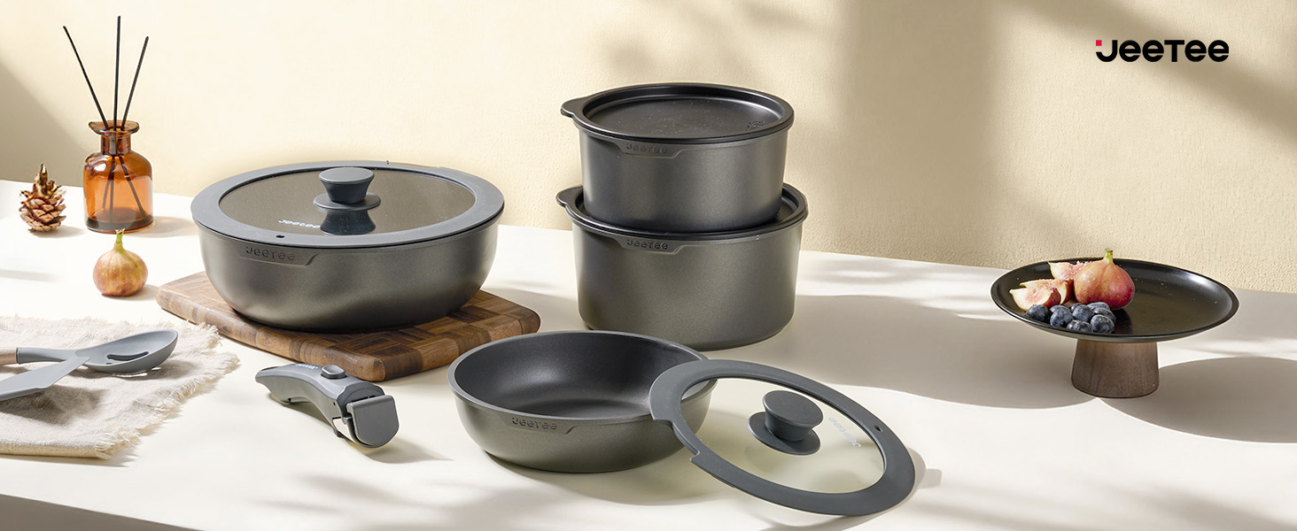 Набір посуду JEETEE 20 предметів з антипригарним титановим покриттям та знімною ручкою, для індукційних плит, з кришками, сірий