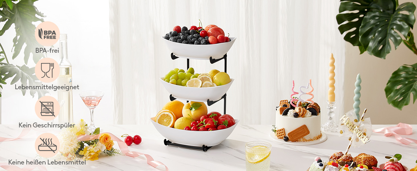 Підставка для фруктів та закусок Lifewit з 3 ярусами, біла, для буфетів, фруктів, снеків, овочів, тістечок, десертів, чорна