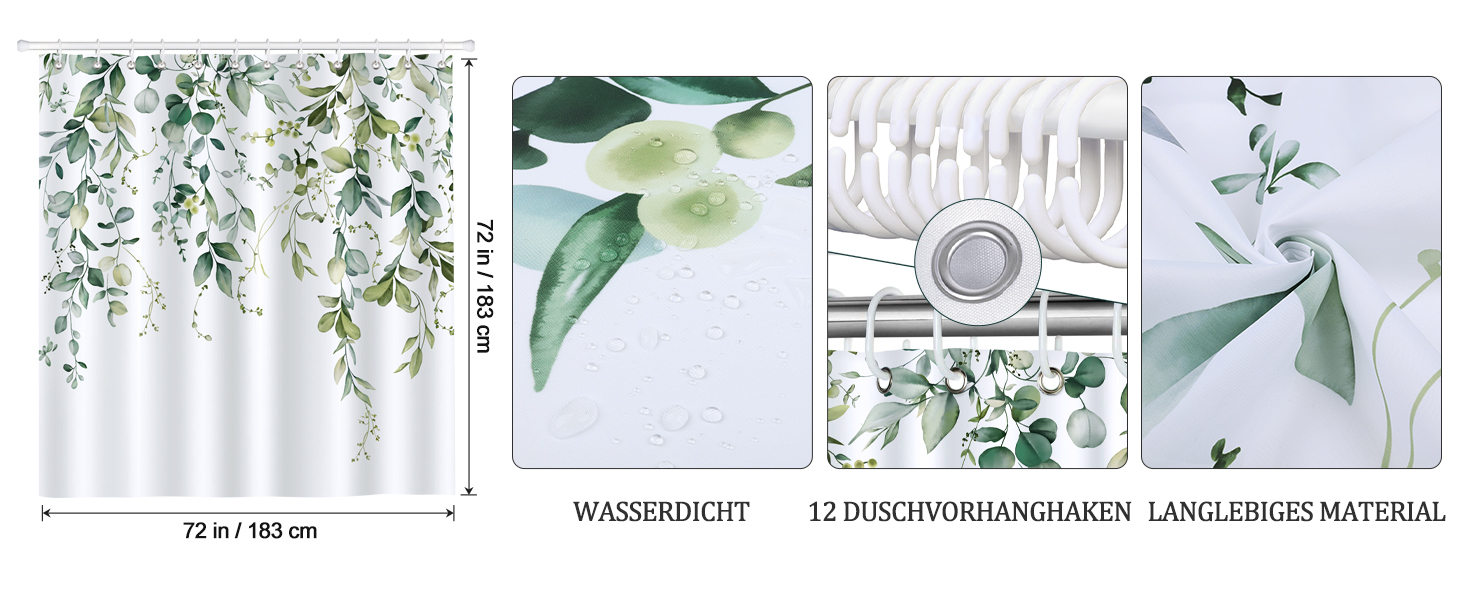 Шторка для душу Bonhause з зеленими листями, рослинний принт, 180 x 180 см, антигрибкова, водовідштовхувальна, поліестер, для ванної кімнати, з 12 гачками