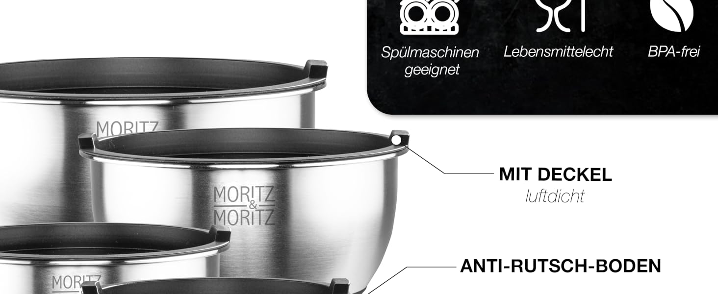 Миска для перемішування Moritz & Moritz 5er з кришкою - 0,6-4,5л - нержавіюча сталь з антиковзними ніжками без BPA - Складається, саладова миска з кришкою та 3 тертки - придатна для миття в посудомийній машині