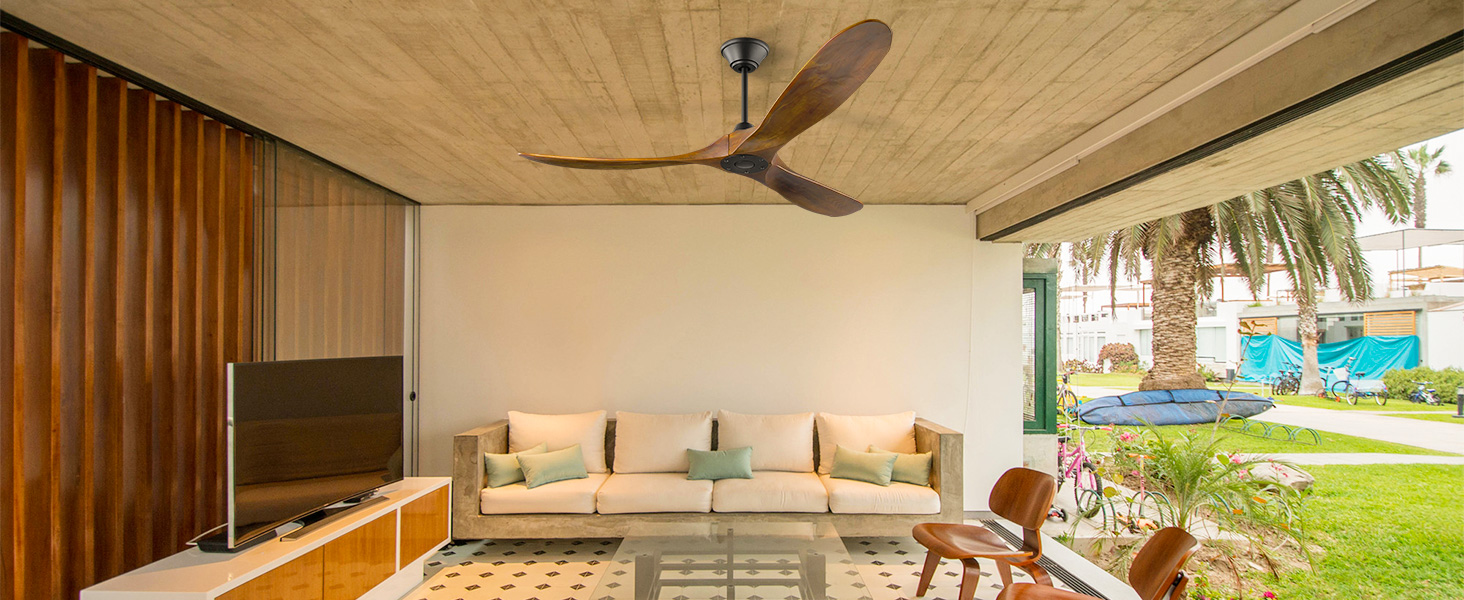 152 см, дерев'яний стельовий вентилятор з дистанційним керуванням, 3 лопаті, DC-двигун, для дому та вулиці, таймер, без освітлення